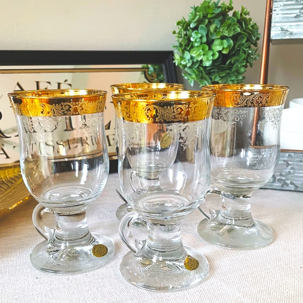 Cellini Italy Irish Coffee Crystal Glasses – Set of 4 w/ 24k Gold Rims